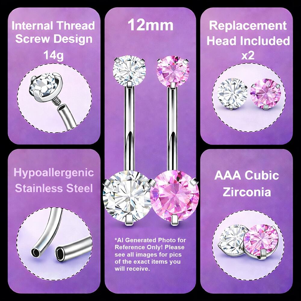 2 Piece Pink & Clear CZ Stainless Steel Silver Hypo 12mm Belly Button Rings 14g